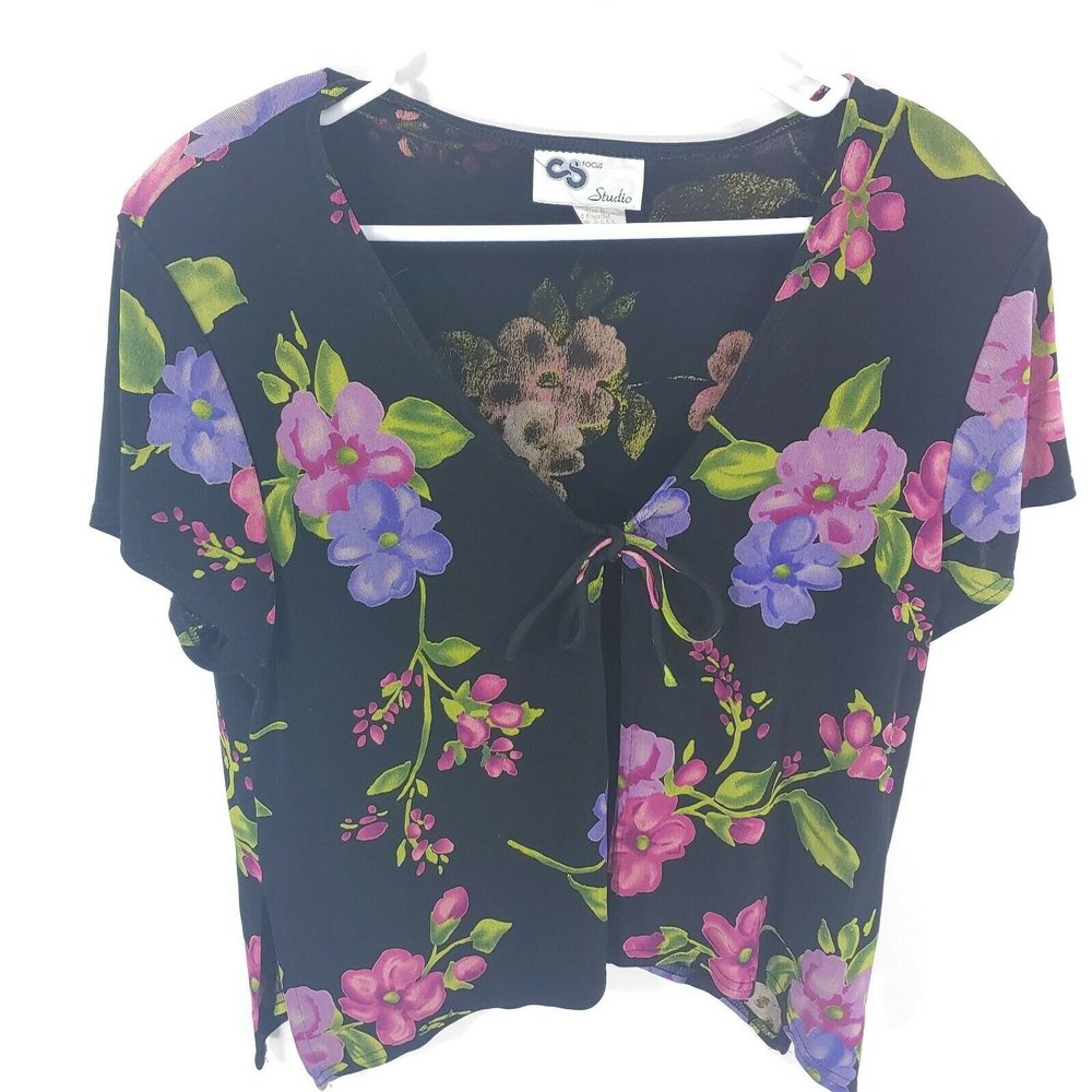 CS Focus Studio Purple Floral V Neck Stretch Blouse w/ Padded Shoulders Size 14